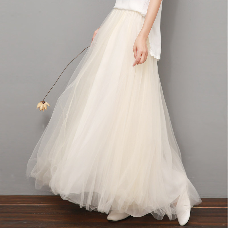 In full swing -2022 Summer new tea suit Long dress Grand skirt hem Skirt Fairy Gas Mesh Veil white fluffy half-body dress
