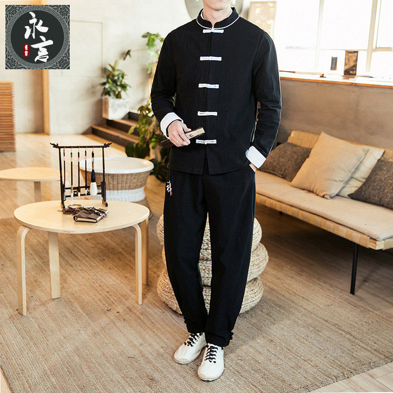 2020 Spring Chinese style Tang costume Ancient style cotton and linen two-piece suit National style Tai Chi suit Improved Hanfu linen suit