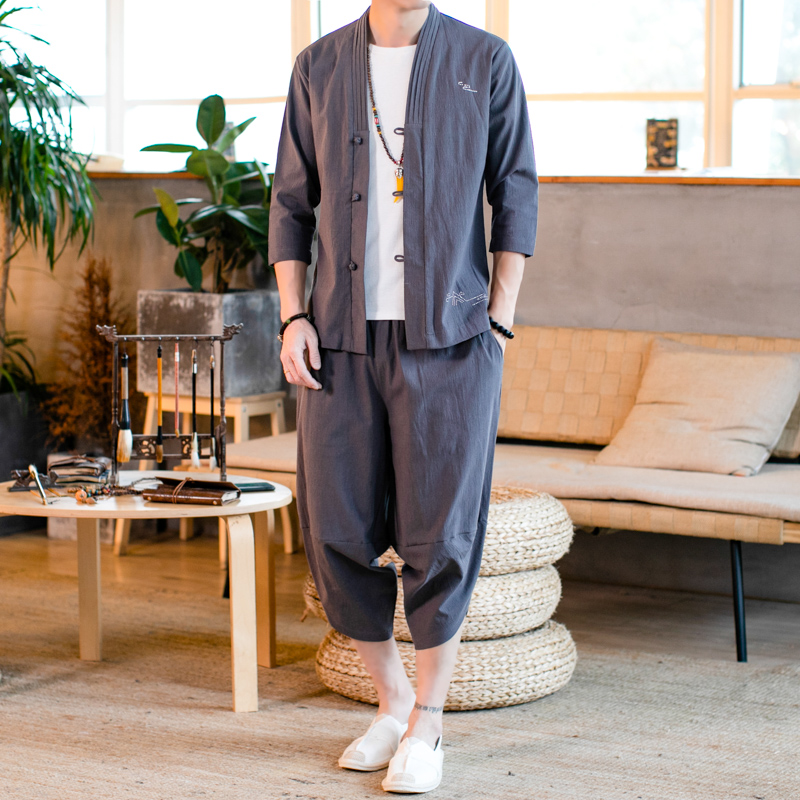 Chinoiserie short-sleeved linen set men's Tang dynasty youth plus size Zen suit summer cotton hemp Hanfu ancient style three-piece set