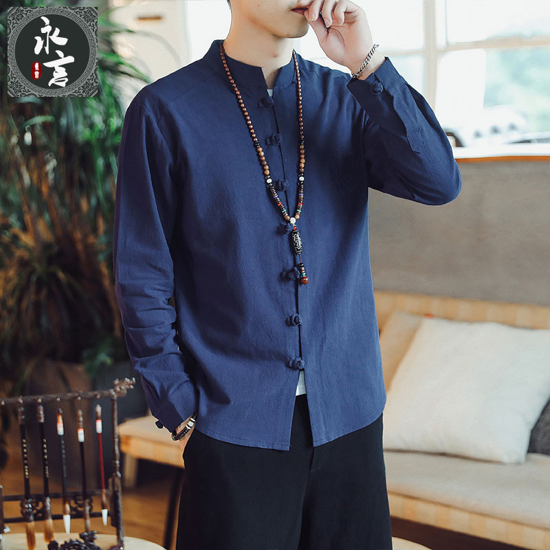 Spring Chinese style Tang clothing Linen long-sleeved shirt men's cotton and hemp Chinese plate buckle stand-up collar Hanfu shirt Men's jacket