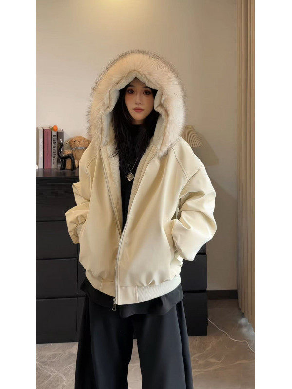 Lychee Pattern Detachable Fur Collar Pu Leather Cotton Jacket for Men and Women, Couple's Thickened Warm Coat, Winter down Cotton Clothing