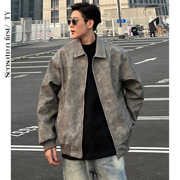 Men's Leather Jacket Spring and Autumn New American Style Trendy Retro Studded Cool Leather Jacket with Turn-Down Collar and Suede Baseball Jacket