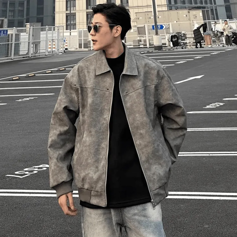 American Retro Style Suede Leather Jacket for Men, Spring and Autumn Trendy Cool Biker Jacket, Large Size Casual Top