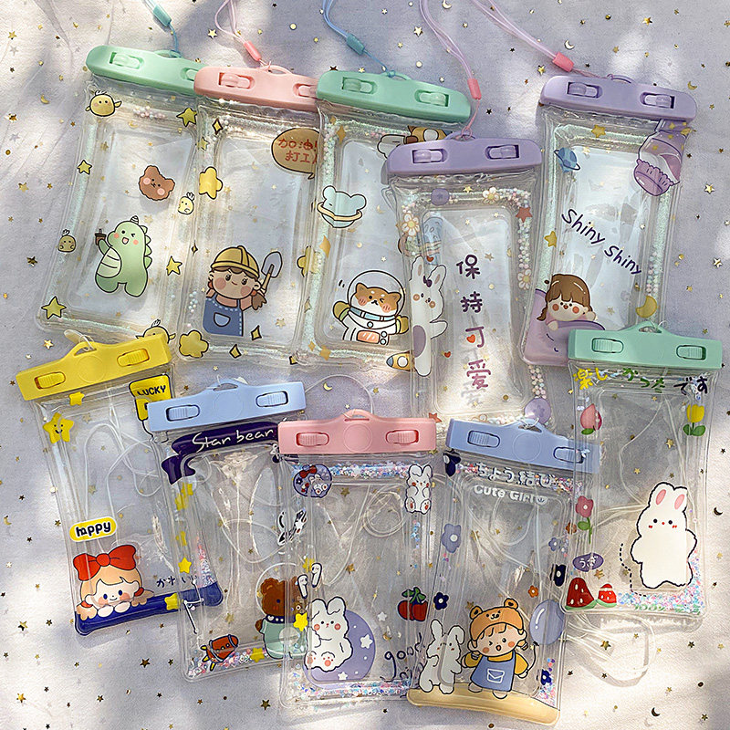 Cute transparent cartoon inflatable mobile phone waterproof bag touch screen swimming photo Apple Huawei mobile phone universal waterproof cover