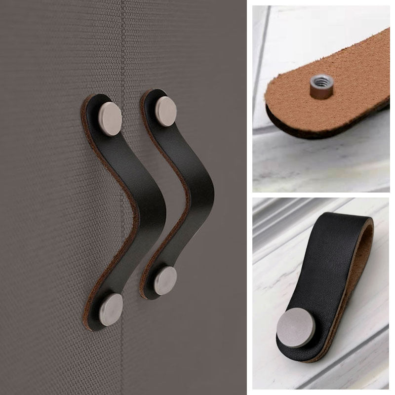 European light luxury leather handle wardrobe drawer modern minimalist black creative thickened brown soft leather door handle