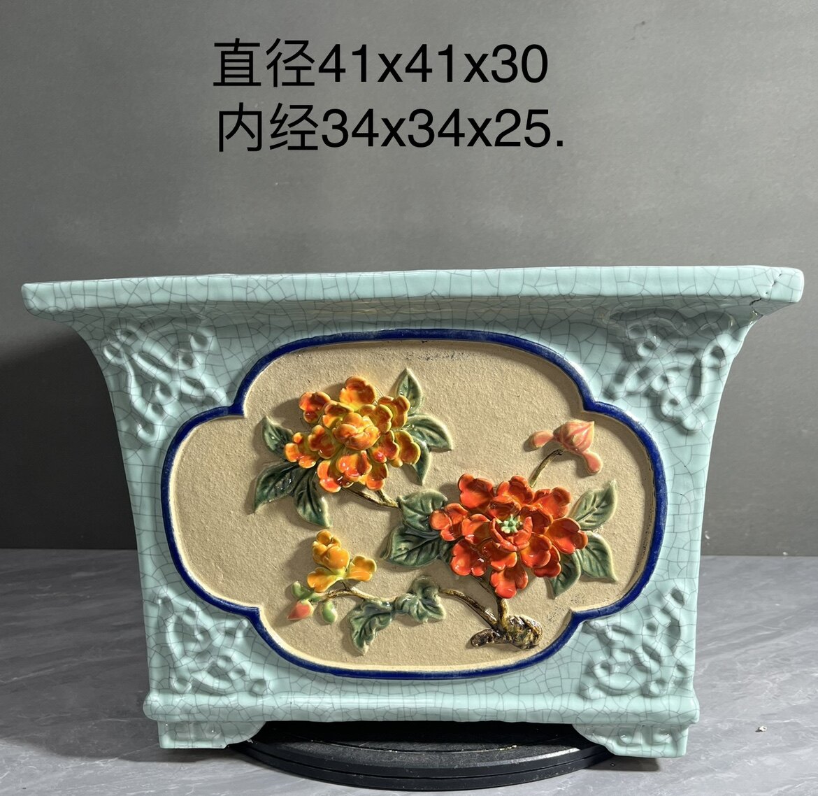 Lingnan Style Stone Bay Basin Pure Handmade BIG SQUARE DEEP BASIN BEANS GREEN ICE CRACK SURROUNDED BY FLOWERS-TAOBAO