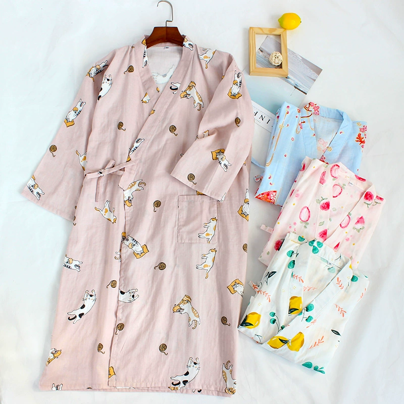 LHZ mùa xuân và mùa thu váy ngủ mỏng vài cotton phong cách Nhật Bản áo choàng tắm nữ Yukata mùa hè nam kimono dài nhà - Night Robe