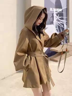 South Korea Net red tooling short hooded cloak windbreaker women 21 autumn loose waist chestnut coat