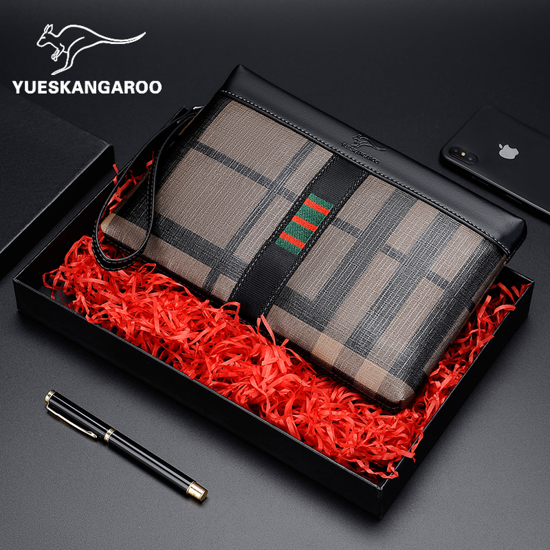 Envelope Bag Men Genuine Leather Hand Grab Big Numbers Tide Cards Hand Grip Bag Soft Leather Business Casual Plaid Men Handbags Tide