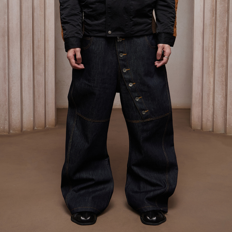 Dnd4Des American Retro Design Curved Long-Button Baggy Silhouette Raw Denim Scimitar Jeans Blue