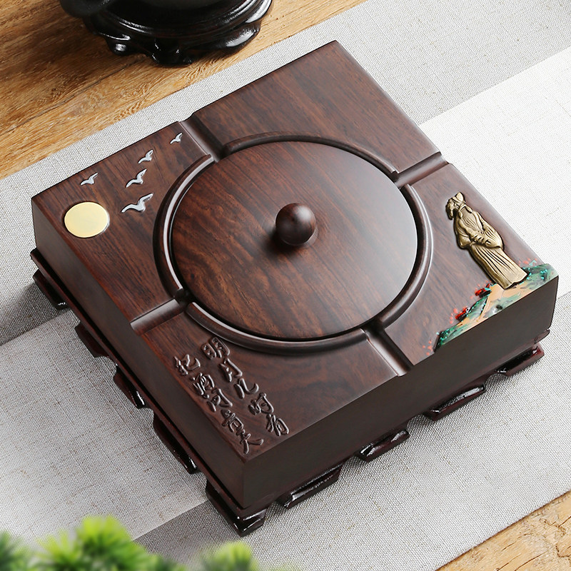 Creative personality trend of black wood with lid ashtray in household living room Chinese retro-large cylinder anti-fly ash