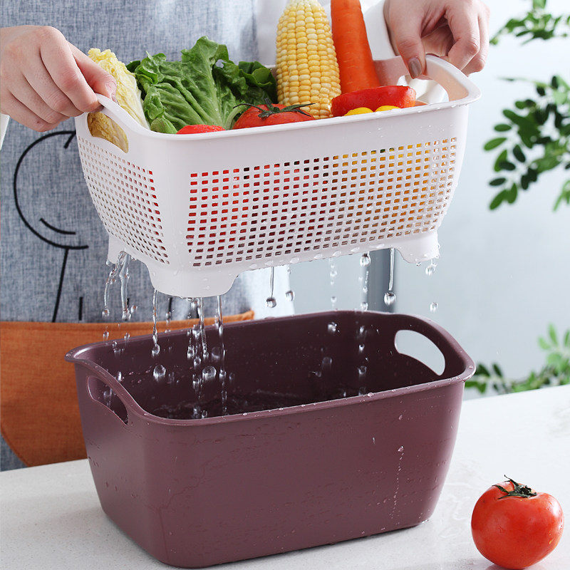 Double-layer vegetable washing basin drain basket household plastic washing fruit plate kitchen vegetable washing basket draining basket creative multi-functional