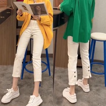 Summer new high-waist slit stretch jeans for women plus size fat mm slimming small straight nine-point cigarette pants