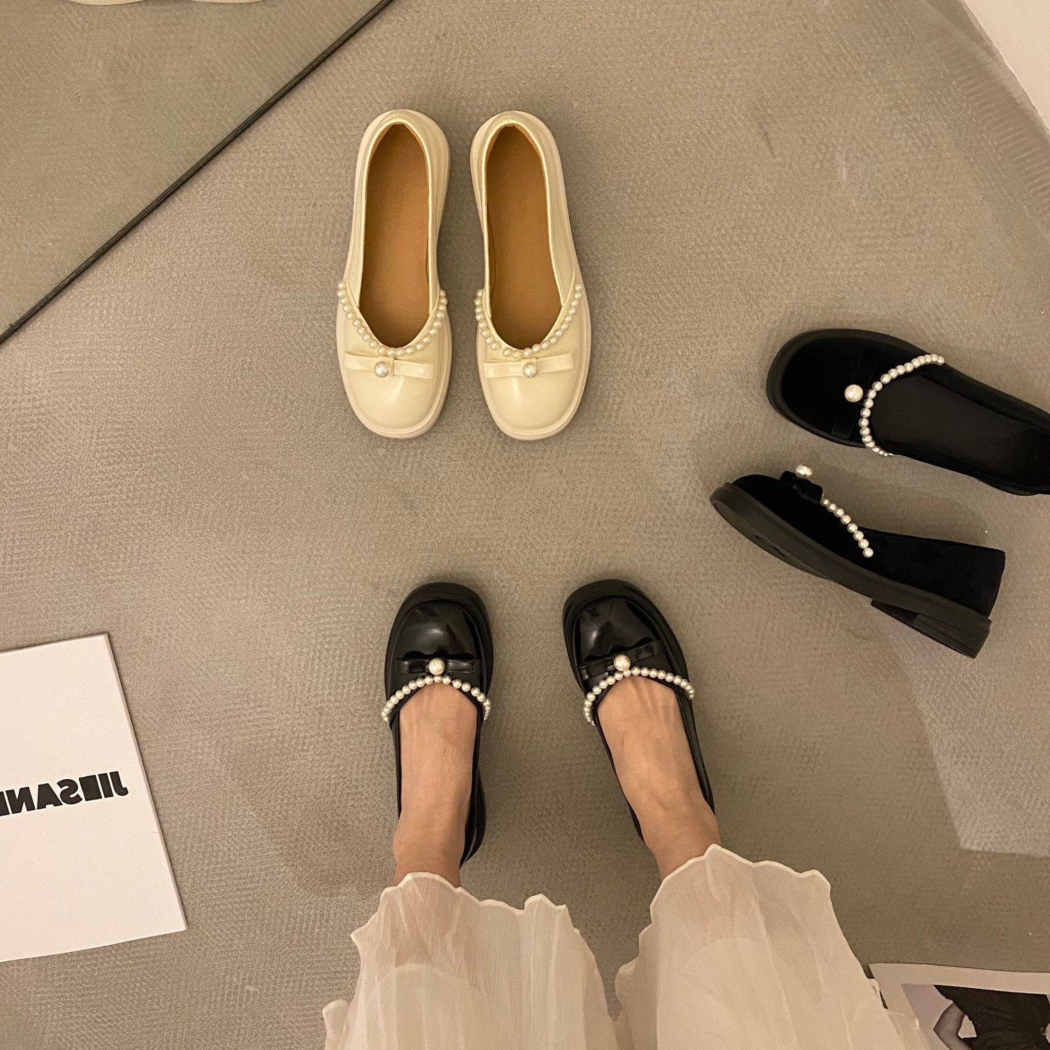 ITSK Shoes Women's Single Shoes Round Head Thick Bottom Pearls Butterfly Knot Lefu Shoes Inglerox Small Leather Shoes