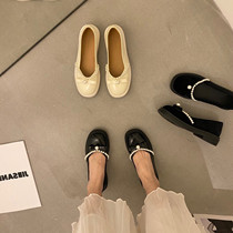 ITSK Shoes Womens Single Shoes Round Head Thick Bottom Pearls Butterfly Knot Lefu Shoes Inglerox Small Leather Shoes