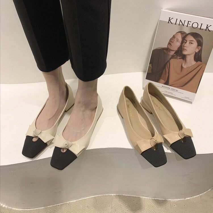 ITSK shoes women's single shoes square head shallow mouth bow thick heel medium heel grandma shoes Mary Jane shoes