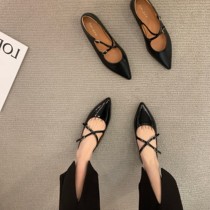 ITSK shoes womens single shoe style pointy flat bottom cross with late evening wind black Mary Jane shoes