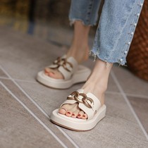 Wind in summer: ~ ITSK Lined Slippers Female Outwear Fashion Little Sub-Thick Bottom Genuine Leather Sandals Sandals