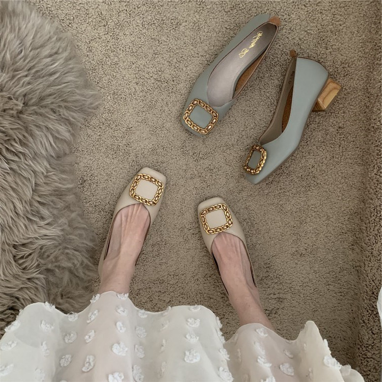 ITSK shoes women's single shoes leather square toe shallow mouth square buckle thick heel low heel commuter women's shoes grandma shoes