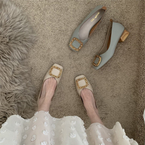 ITSK shoes womens single shoes genuine leather square head light mouth square button coarse heel low heel commute female shoes grandma shoes