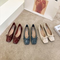 ITSK shoes womens single shoe square head flat bottom light mouth butterfly knot one foot pedal bean-bean shoes ladyshoe