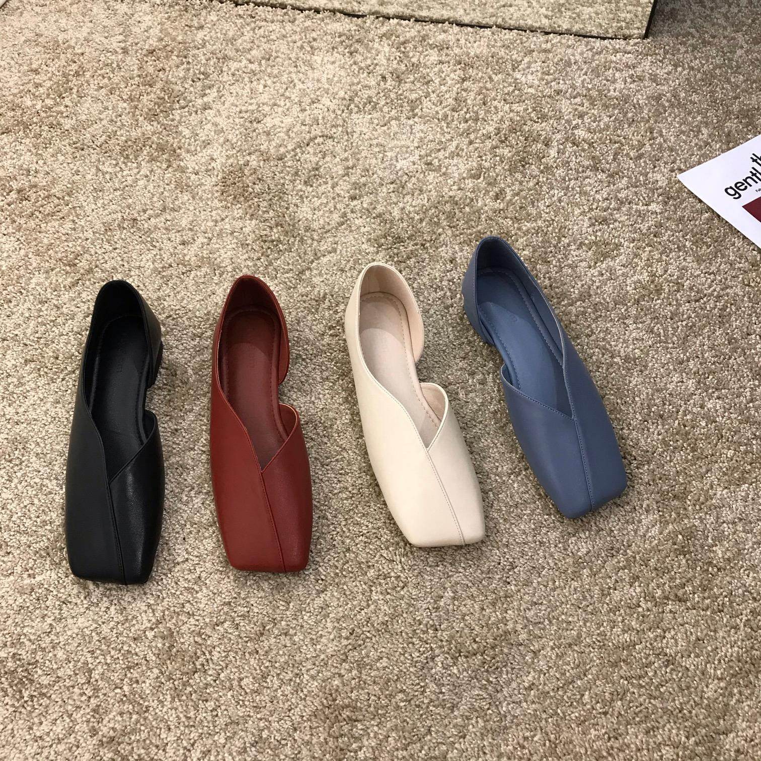 ITSK Shoes Women's Single Shoe Square Head Light Mouth Flat Bottom Soft Leather Black Commuter Women Shoes Bean Bean Shoes