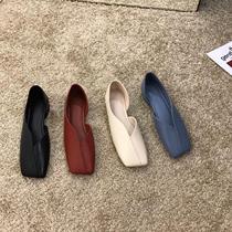 ITSK Shoes Womens Single Shoe Square Head Light Mouth Flat Bottom Soft Leather Black Commuter Women Shoes Bean Bean Shoes