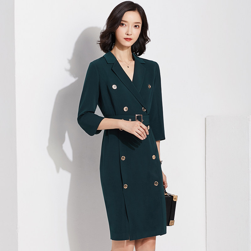 Work clothes Dress Temperament Goddess Van Spring New Ink Green Retro 70% Sleeve OL Commute Casual Positive Dress