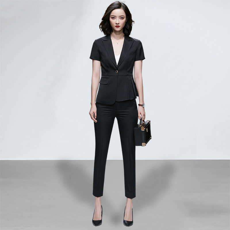 Professional Dress Women's Suit Summer Short Sleeves Black Asymmetrical Western Suit Pants Fashion Positive Dress Women's Uniform Workwear-Taobao