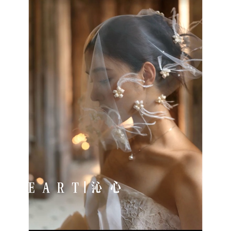 Tm｜E09 “Norwegian Forest” Misty Veil Handmade Small Flower Feather Veil Bridal Dress Matching