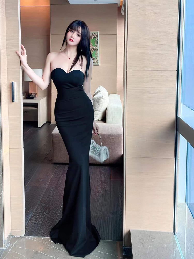 Advanced black fitted sexy evening dress, high-quality style, V-neckline