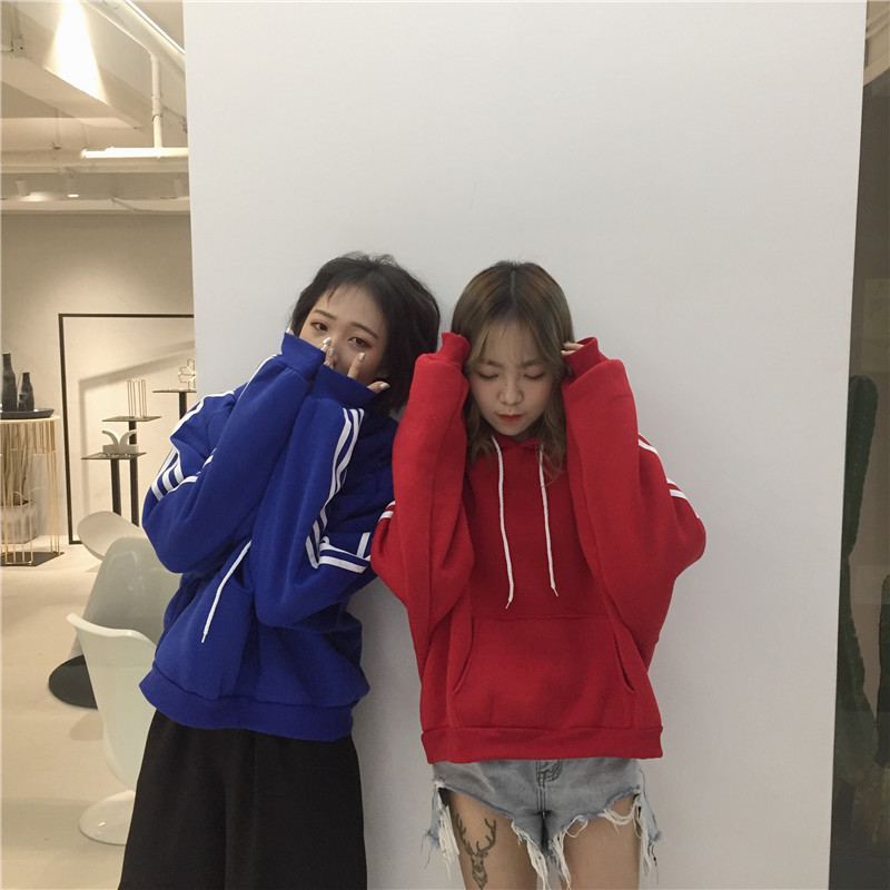Mùa thu của phụ nữ Hàn Quốc phiên bản của Harajuku gió tay áo ba thanh sọc sinh viên dài tay áo len trùm đầu những người yêu thích áo sơ mi áo khoác vest nữ