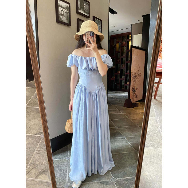 Summer New Plus-Size Women's Clothing, Slimming Blue Dress for Fat Women, French-Style One-Shoulder Ruffled Holiday Long Dress