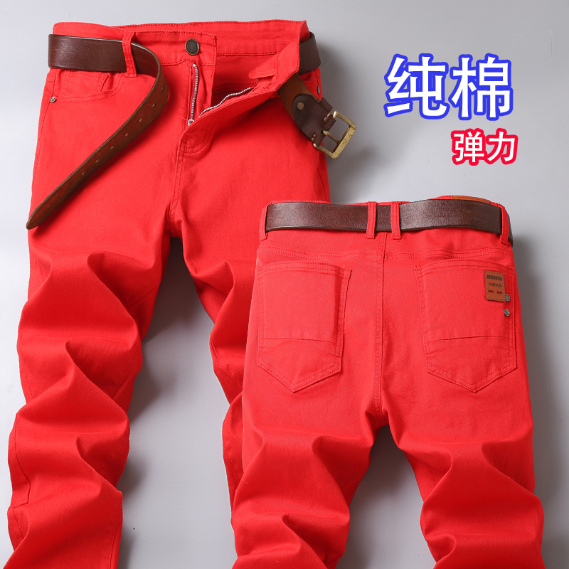 Red Jeans for Men in Their Zodiac Year, Stretchy Straight-Leg Pants, 2026 Spring New Slim-Fit Casual Denim Long Pants Red Jeans for Men in Their Zodiac Year, Stretchy Straight-Leg Pants, 2026 Spring New Slim-Fit Casual Denim Long Pants