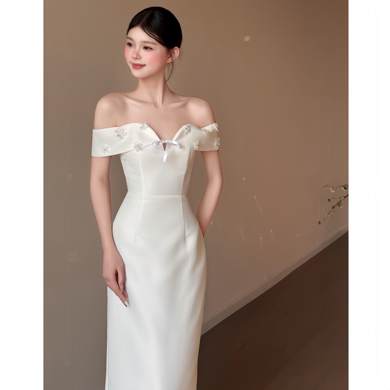 Light Wedding Dress, Small Formal Dress, Off-Shoulder, Simple, Suitable for Travel Photography, Lightweight, White, Korean Style, for Marriage Registration, Engagement, Reception, and Going-Out Dress