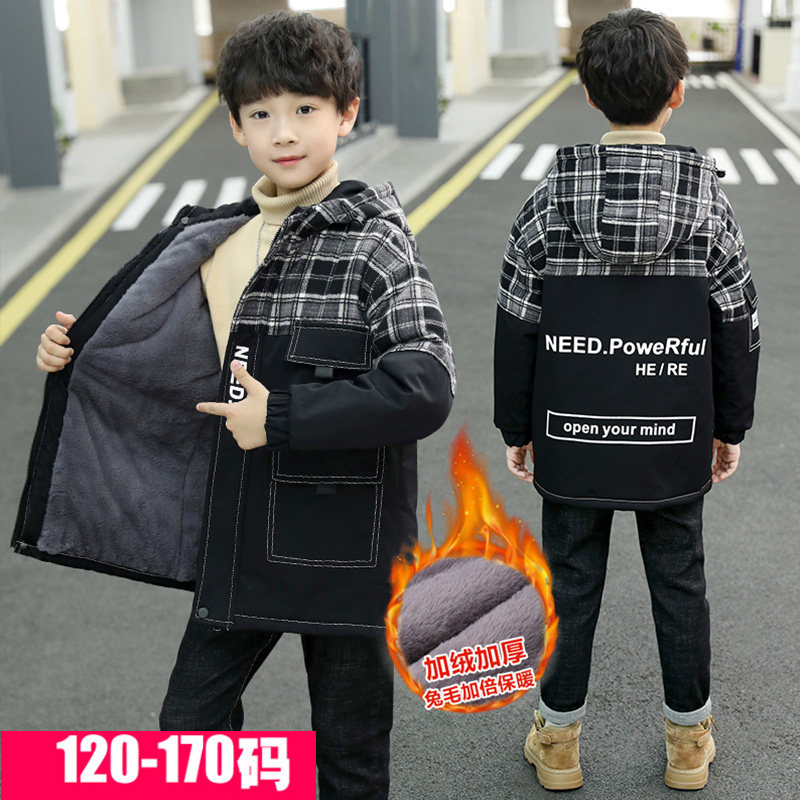 Boys' pie overcomes the 2022 winter middle-aged and older children's plus velvet cotton-padded jacket 12-year-old boy children's Western style thickened coat - Taobao
