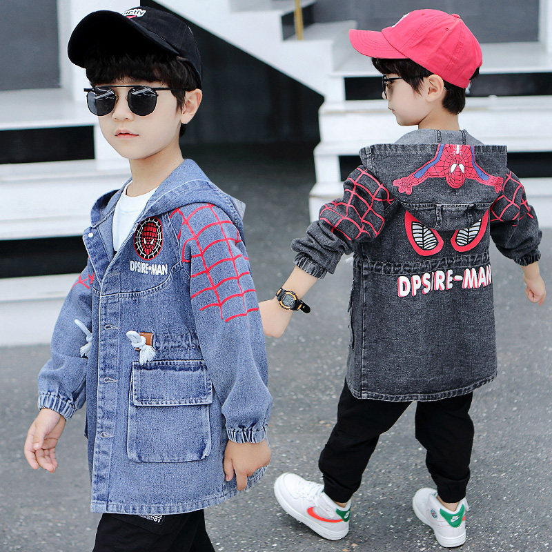 Boys Spider-Man denim jacket spring and autumn 2021 new children's foreign style boy spring mid-length windbreaker