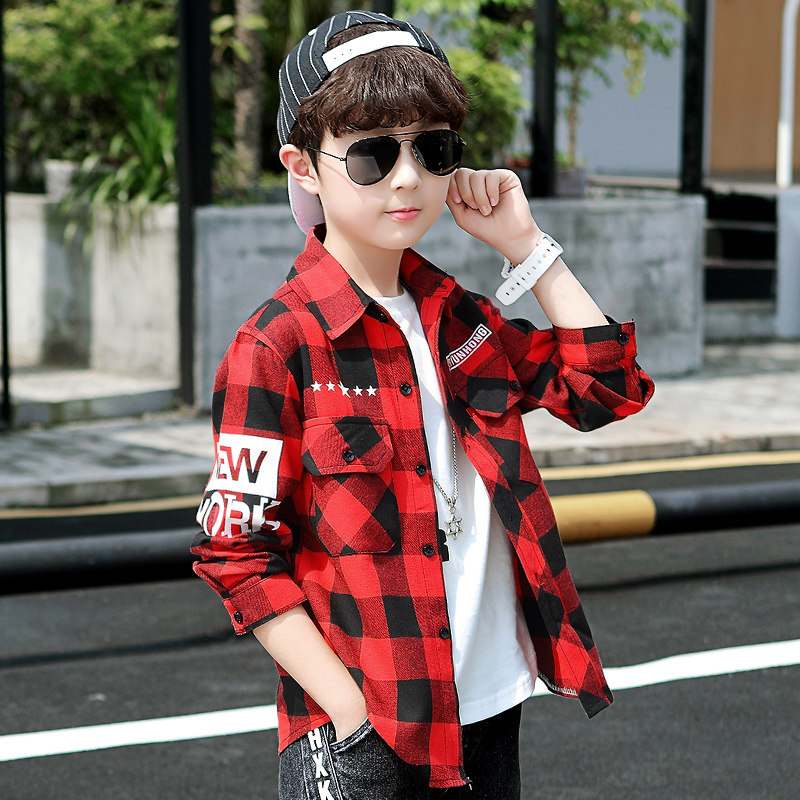 Boys plaid shirt 2022 autumn style 12-year-old red 5 boys 6 Korean version 7 spring and autumn 8 long-sleeved 10 top shirt trendy
