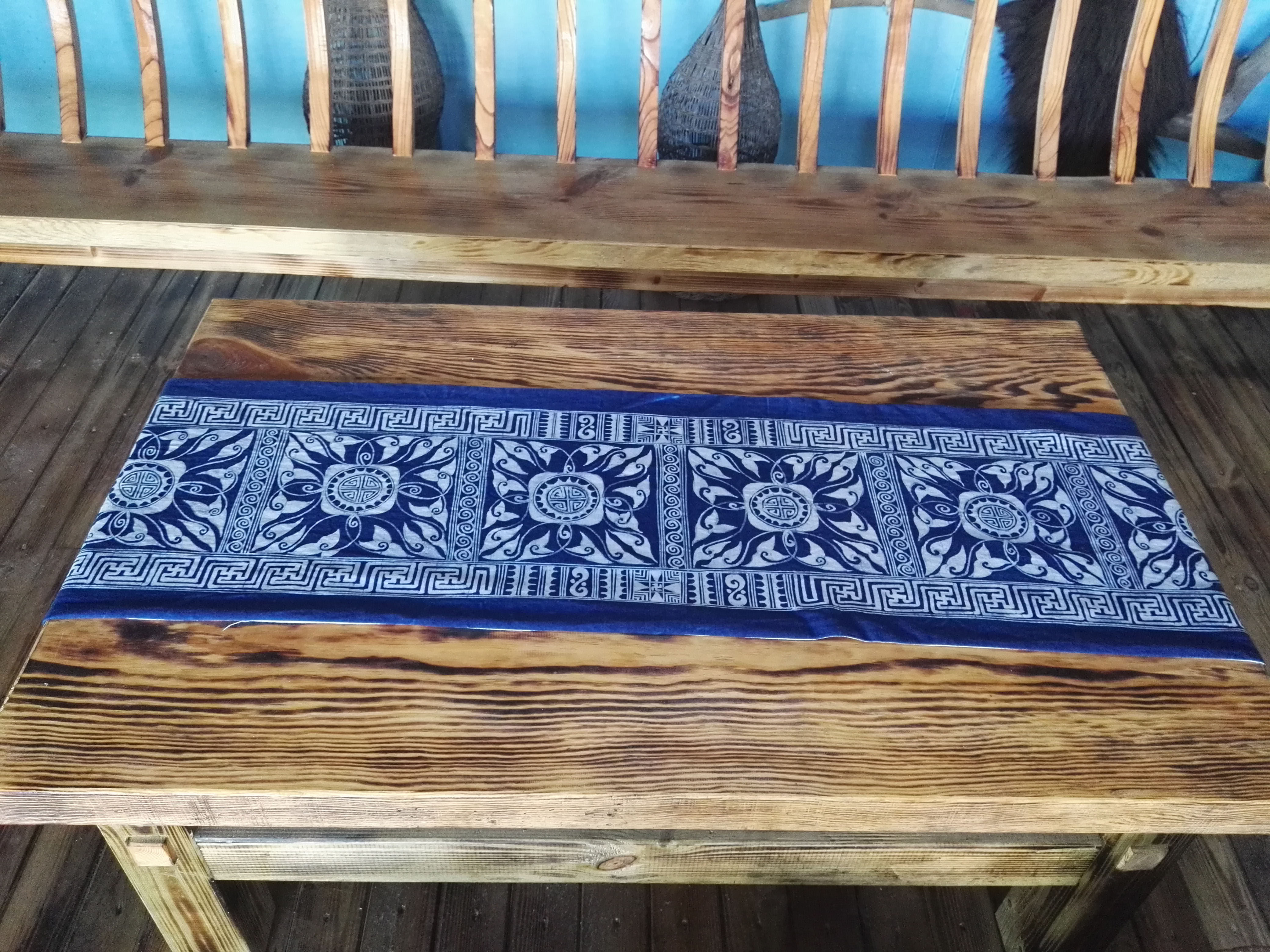 Wax Dyeing Table Flag Tea Flag Bed Banner Table Cloth Cup Mat Tea Mat Tea Mat for geometric pattern Guizhou wax dyeing Danzhai Wax Dyeing Plant