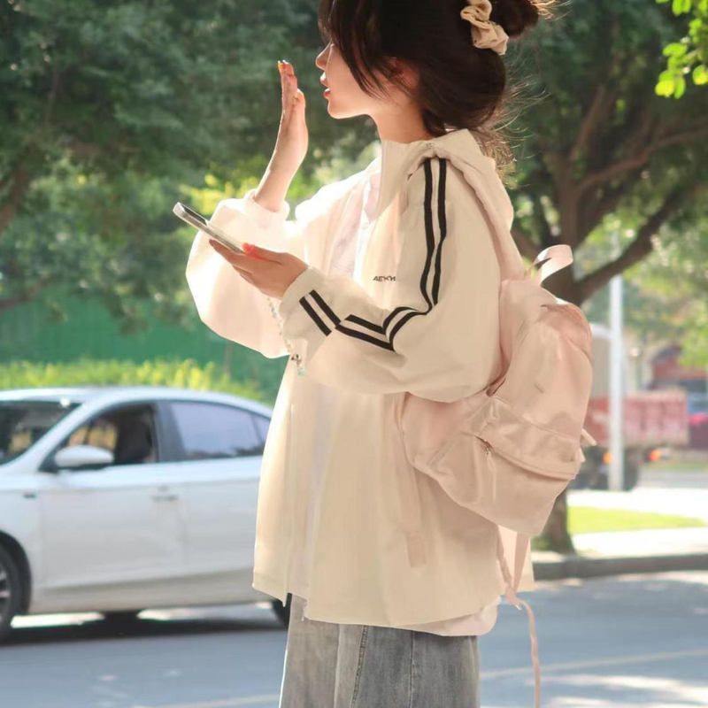 Outdoor Lightweight Hooded Sun Protection Clothing for Women, New Summer Style, Loose Student Striped Long-Sleeved Sun Protection Jacket, Thin Style for Women