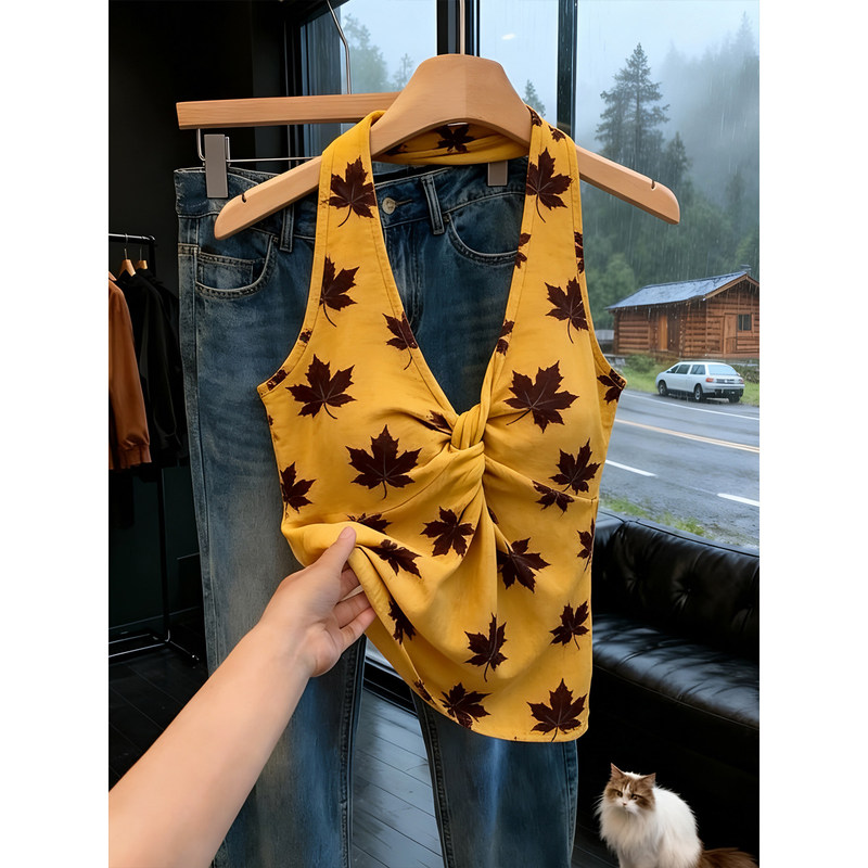 Vacation Style Maple Leaf Print V Neck Halter Neck Sleeveless Camisole Women's 2026 Summer New Twist Knot Sexy Top