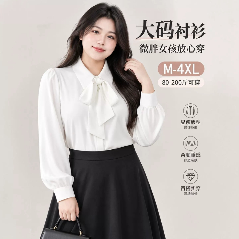 Plus-Size White Bowknot Ribbon Shirt for Women, Autumn and Winter, Fleece-Lined, Warm, Large Size, Suitable for Interviews, Commuting, and Professional Wear