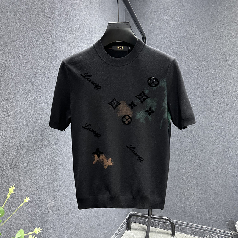 Autumn Wool Sweater Short-Sleeve Men's Round-Neck Flocked Fashion Knitwear European Style Pullover Half-Sleeve Youth Base Layer T-Shirt