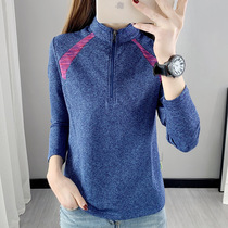 Casual clothes womens long-sleeved T-shirt stand-up collar slim-fit base shirt outdoor womens sports stitching contrast velvet clothes