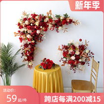 Wedding floral decoration flower set red rose wall triangle flower arch flower wedding celebration background decoration fake flower