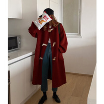 2020 new autumn and winter temperament horn buckle woolen coat female Hepburn wind medium long woolen coat thickened