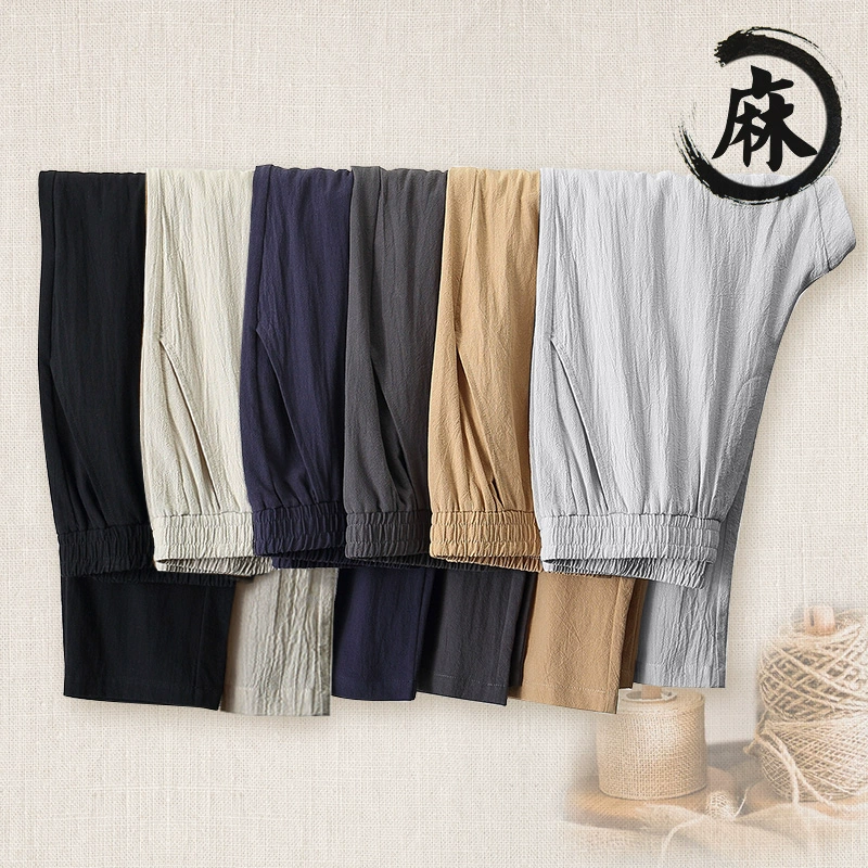 Quần linen chín điểm nam 2020 mùa hè nam băng lụa cotton thường mặc quần rộng 9 điểm 8 tám điểm điều hòa quần mỏng - Quần mỏng