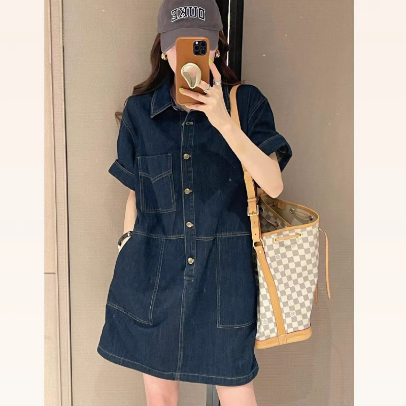 Commuting Denim Dress for Women, Summer Korean Style Short-Sleeved Polo Collar, Fashionable, High-End, Elegant, Age-Reducing Mid-Length Skirt
