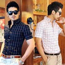 Summer mens fashion short-sleeved plaid shirt Korean slim high-neck button-down collar trend casual half-sleeved plaid shirt