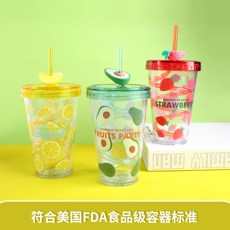 Cute fruit water cup straw cup plastic cup girl heart net red portable cup girl Korean version ins cup clearance